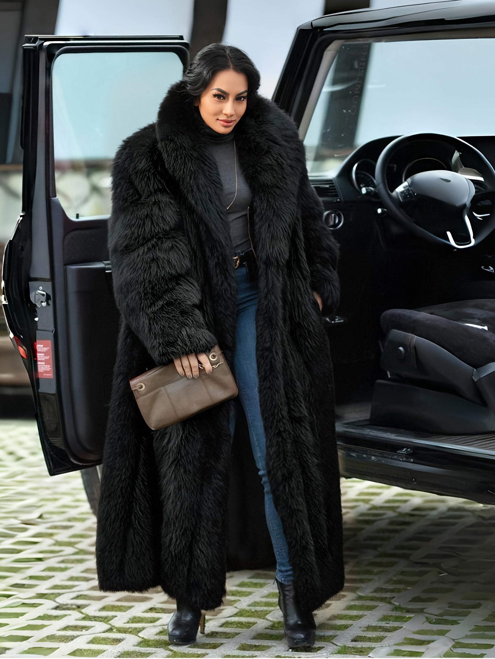 Elegant Faux Fur Coat Elegant Stylish Women's Faux Fur Coat | Turn-Collar, Long Sleeves, Pockets - Comfortable Solid Color Fall\u002FWinter Outerwear for Casual Wear