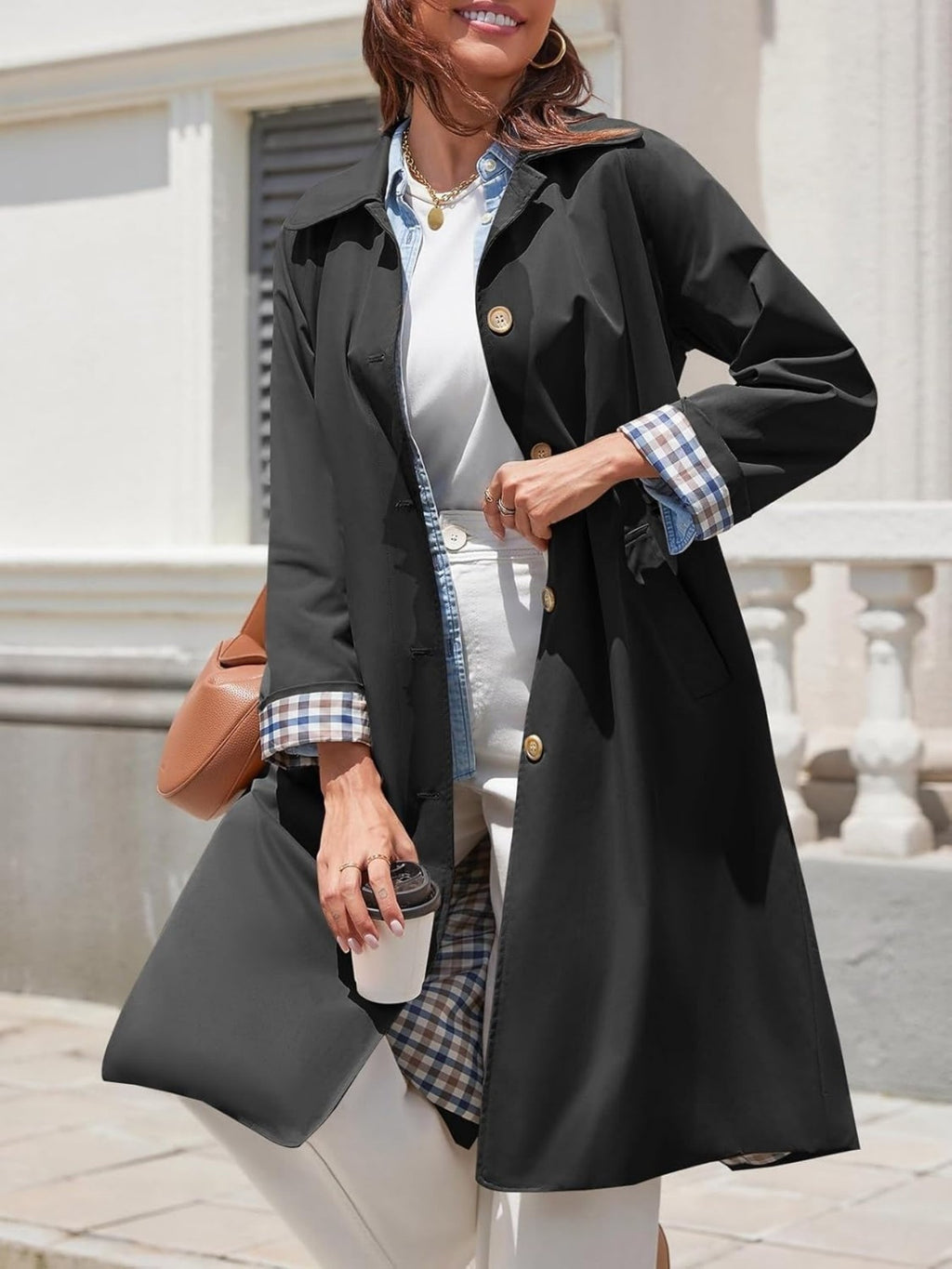 Women'S Oversized Long Trench Coat - Windproof Casual Outerwear with Single-Breasted Button Details, Beige, Long Length, Polyester, Perfect for Spring & Fall